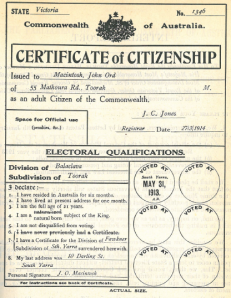 Proposed Certificate of Citizenship (1915 Royal Commission upon the Commonwealth Electoral Law and Administration)